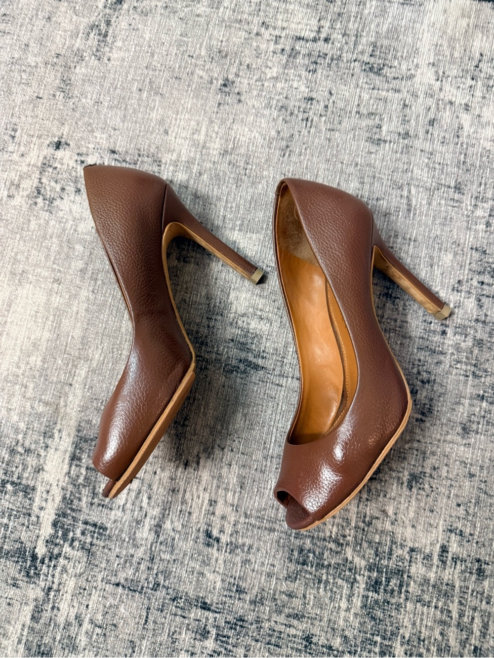 Brown Leather Peep-Toe Pumps -
